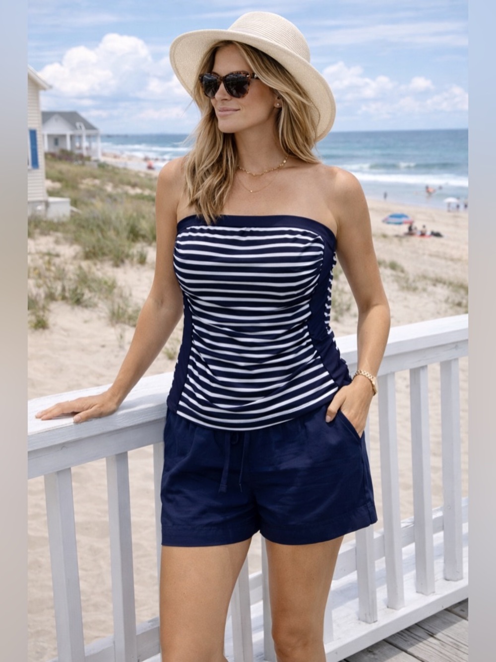 Lands’ End Strapless Tankini Top M 10-12 Striped Tummy Control Swimwear EUC